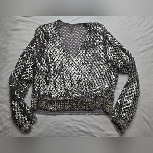 PARTIQUE New York vintage sweater silver sequin & grey knit, elastic hem  14